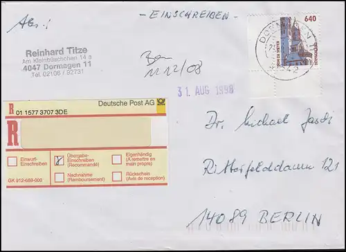 1811 SWK Dom zu Speyer 640 Pf Ecke unten links EF R-Brief DORMAGEN 21.8.98