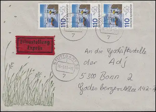 1100 Polarforschung 3x 110 Pf. MeF Eil-Brief STUTTGART 16.5.83 nach Bonn