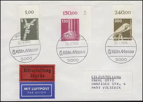 1135 IuT 130 Pf Ecke oben rechts + 1138+846 je mit OR Eil-Lp-Bf SSt Köln 22.2.85