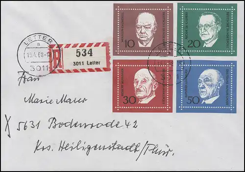 554-557 Churchill De Gasperi Schuman Adenauer, vol. 4 sur FDC LETTER 19.4.68