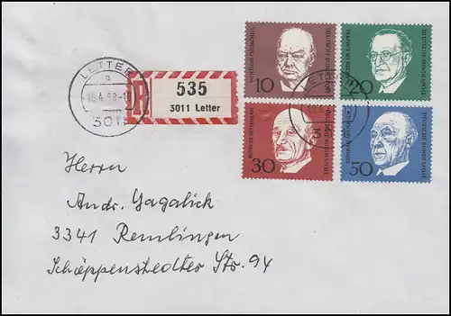 554-557 Adenauer, Churchill, De Gasperi, Schuman aus Bl.4 auf FDC LETTER 19.4.68