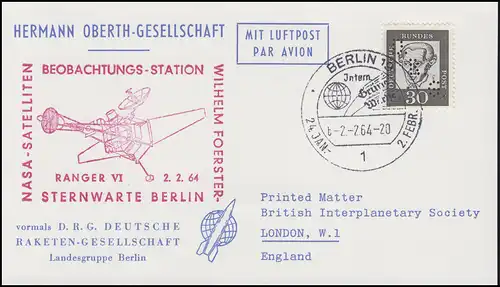 Hermann-Oberth-Gesellschaft 354y Kant mit Lochung DRG EF PK SSt BERLIN 2.2.64