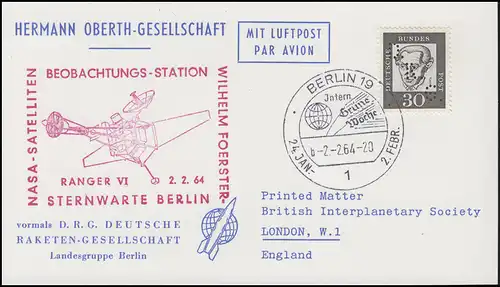 Hermann-Oberth-Gesellschaft 354 Kant mit Lochung DRG Karte SSt BERLIN 2.2.64