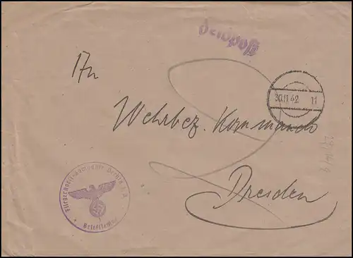 Feldpost Flyerhorst Compagnie Vechta, Lettre Field post-O Standmer Stamp 30.11.42