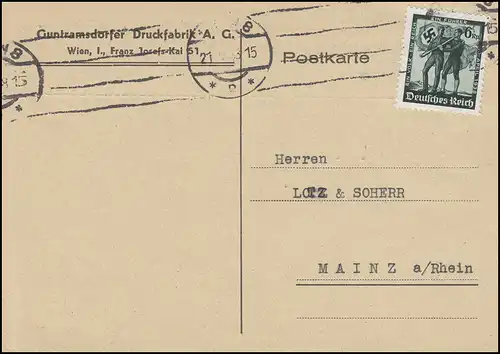 663 Volksabstimmung 6 Pf. als EF Postkarte Druckfabrik WIEN 21.5.38 nach Mainz