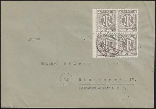 2x AM-Post 4 Pf. Rand-Quarerblock MeF Localité Bf STUTTGART-UNTERTÜRKHEIM 12.4.46