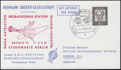 Hermann-Oberth-Gesellschaft 354y mit Lochung DRG,  EF Karte SSt BERLIN 2.2.1964
