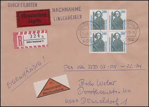 1381 SWK 280 Pf Viererblock portog. NN-Eil-FDC Ersttagsstemepl NETTETAL 11.8.88