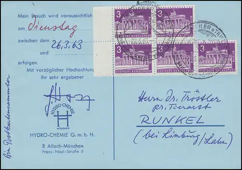 231 Berliner Bauten 5x3 Pf Brandenburger Tor MeF Postkarte SSt ANNWEILER 22.3.63