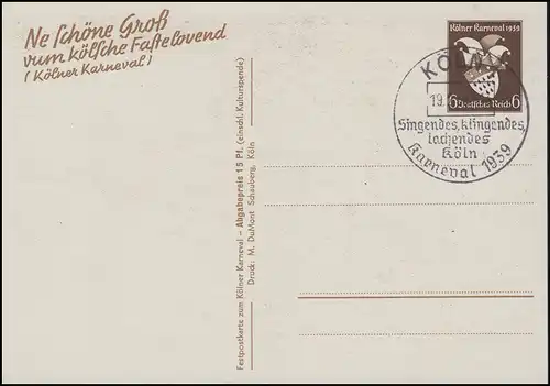 P 277 Kölner Kaneval 6 Pf brun avec SSt KÖLN Singendes, sonnant, ... 19.2.39