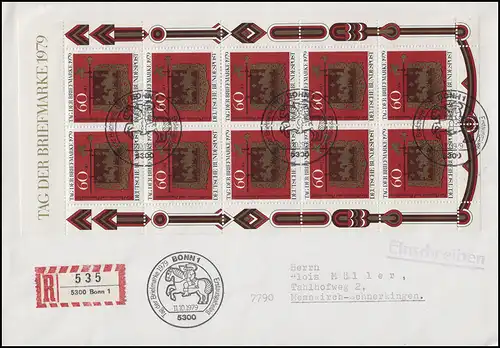 1023 Kleinbogen Tag der Briefmarke EF R-FDC ESSt Bonn 11.10.1979 nach Messkirch