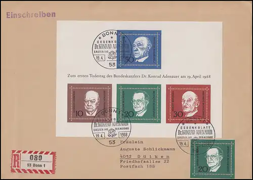 Block 4 Konrad Adenauer 1968 mit 555 MiF auf R-FDC ESSt BONN 19.4.68 nach Dülken