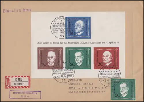 Block 4 Konrad Adenauer 1968 mit 555 MiF R-FDC ESSt BONN 19.4.68 nach Lobberich