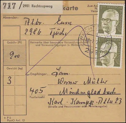 644 Heinemann 2x 1,- DM MeF Paketkarte RECHTSUPWEG 28.2.82 nach Mönchengladbach