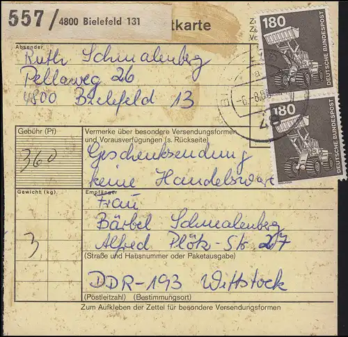 993 IuT 2x 180 Pf. MeF auf Paketkarte BIELEFELD 6.8.80 nach Wittstock in die DDR