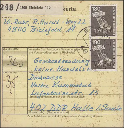 993 IuT 2x 180 Pf. MeF Paketkarte BIELEFELD 7.2.80 nach Halle / Saale in die DDR