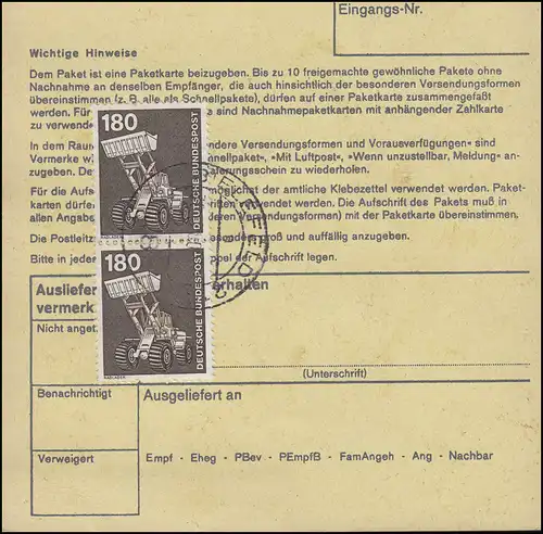 993 IuT 2x 180 Pf. als MeF auf Paketkarte BIELEFELD 1980 nach Hamburg