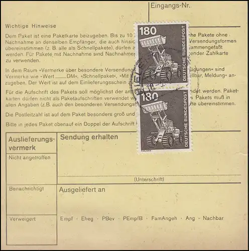 993 IuT 2x 180 Pf. MeF auf Paketkarte BIELEFELD 10.3.80 nach Hochheim / Taunus