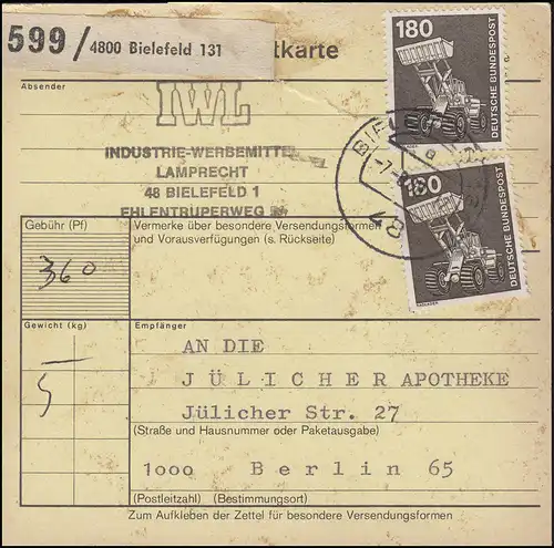 993 IuT 2x 180 Pf als MeF auf Paketkarte BIELEFELD 7.8.80 nach Berlin