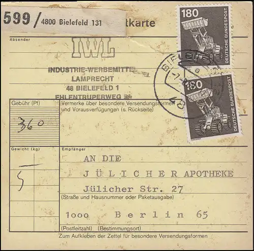 993 IuT 2x 180 Pf en MeF sur carte de paquet BIELEFELD 7.8.80 à Berlin