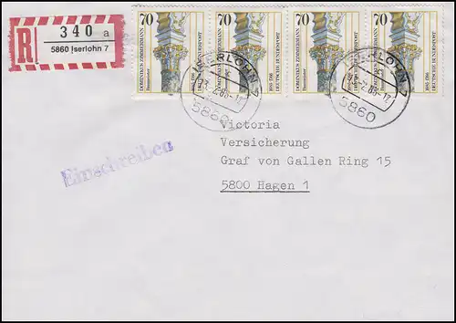 1251 Dominikus Zimmermann 4x 70 Pf. MeF R-Brief ISERLOHN 13.2.86 nach Hagen