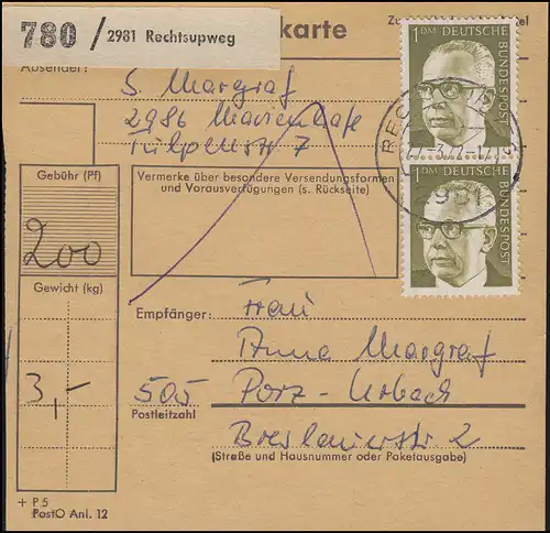 644 Heinemann 2x 1,- DM MeF auf Paketkarte RECHTSUPWEG 27.3.72 nach Porz-Urbach