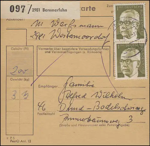 644 Heinemann 2x 1,- DM MeF auf Paketkarte BERUMERFEHN 1.12.71 nach Dortmund