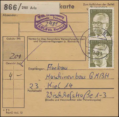 644 Heinemann 2x 1,- DM als MeF auf Paketkarte ARLE 30.3.72 nach Kiel