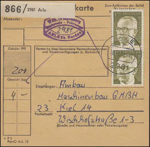 644 Heinemann 2x 1,- DM en MeF sur carte de paquet ARLE 30.3.72 vers Kiel