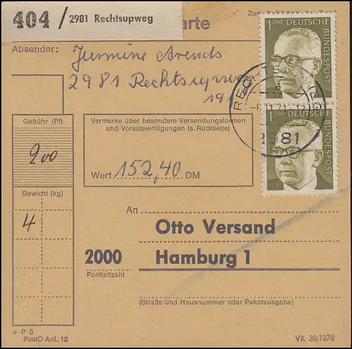 644 Heinemann 2x 1,- DM MeF auf Paketkarte RECHTSUPWEG 5.11.71 nach Hamburg 