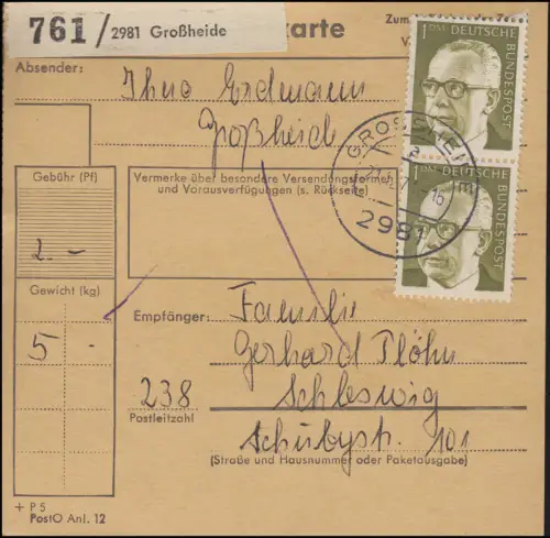 644 Heinemann 2x 1,- DM MeF auf Paketkarte GROSSHEIDE 21.12.71 nach Schleswig
