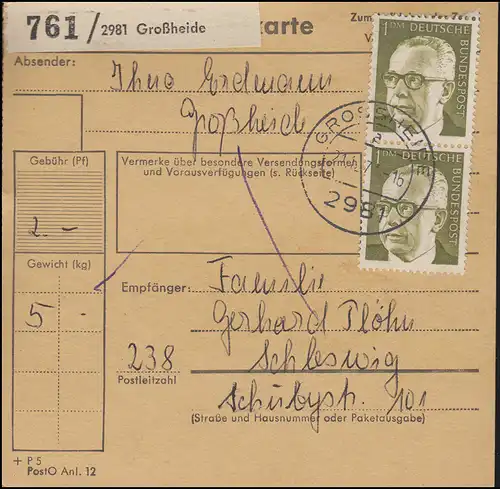644 Heinemann 2x 1,- DM MeF sur carte de paquet GROSSHEIDE 21.12.71 vers Schleswig
