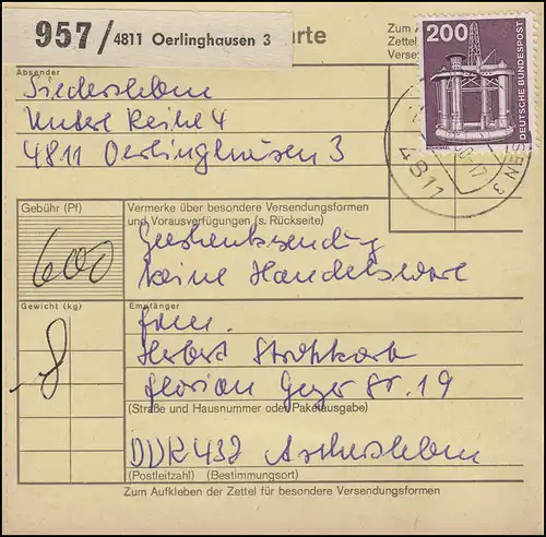 994 Iut 3x 200 Pf MeF Carte de paquets OERLINGHAUSEN 14.8.80 vers Aschersleben / DDR