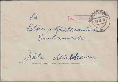 Gebühr-bezahlt-Stempel auf Brief GEMÜND (EIFEL) 2.7.48 nach Köln-Mülheim