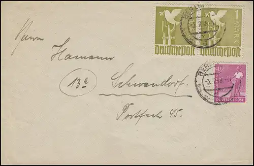 959a Taube 2x 1 M im Paar + 954 Sämann 40 Pf Zehnfachfrankatur Bf. BERLIN 3.7.68