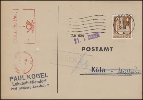 74eg Bauten 4 Pf mit Freistempel Hamburg 1 Pf. Anschriftenprüfung HAMBURG 7.1.50