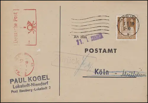 74eg Constructions 4 Pf avec cachet libre Hambourg 1 PF. examen d'adresse HAMBURG 7.1.50