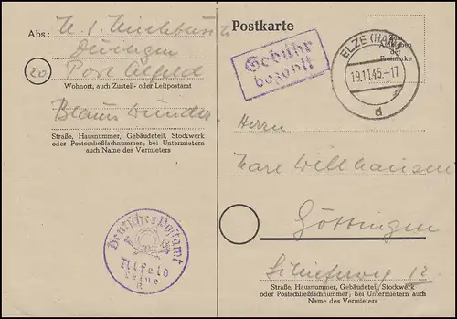 Gebühr-bezahlt-Stempel ELZE(HAN) 19.11.45 mit Dienstsiegel Alfeld auf Postkarte 