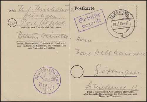 Gebühr-bezahlt-Stempel ELZE(HAN) 19.11.45 mit Dienstsiegel Alfeld auf Postkarte