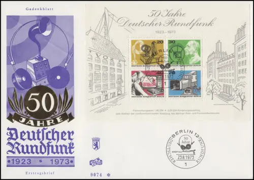 Block 4 Deutscher Rundfunk 1973 - sur FIDACOS-Bijoux-FDC ESSt BERLIN 23.8.1973