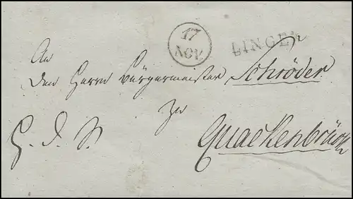 Hannover Vorphilatelie Enveloppe de lettre Einzeiler LINGEN et le timbre de cercle 17 NOV.