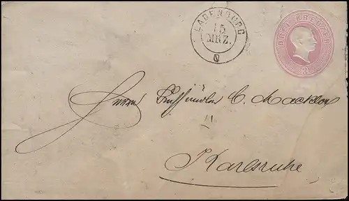  Baden Umschlag U 12 Großherzog Friedrich 3 Kr. LADENBURG 15.3. nach Karlsruhe 