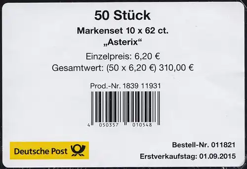 101 MH Asterix und Obelix - Markenheftchen-BANDEROLE für 50 Markensets