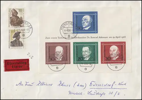 Bloc 4 Konrad Adenauer MiF avec Berlin lettre d'urgence MÜNCHEN 16.5.68 à Düsseldorf