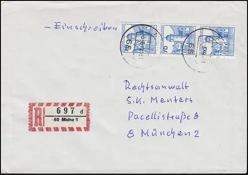 918AI BuS 3x 70 Pf. Mespelbrunn als MeF auf R-Brief MAINZ 5.6.79 nach München
