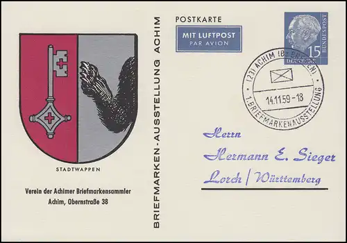 Carte postale privée PP 9/6 BSV Achim 15 Pf. Heuss Stadtwappen, SSt ACHIM 14.11.59