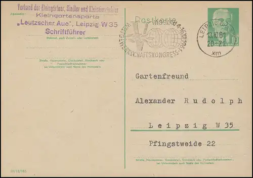 Postkarte P 68a Pieck 10 Pf. Werbe-O LEIPZIG Weltgewerkschaftskongress 13.10.61