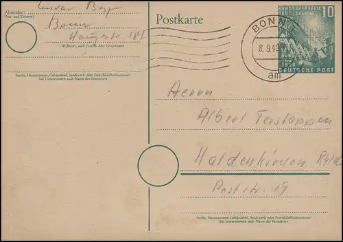 PSo 1 Bundestag 10 Pf. BONN Maschinen-O 8.9.49 vers Kaldenkirchen