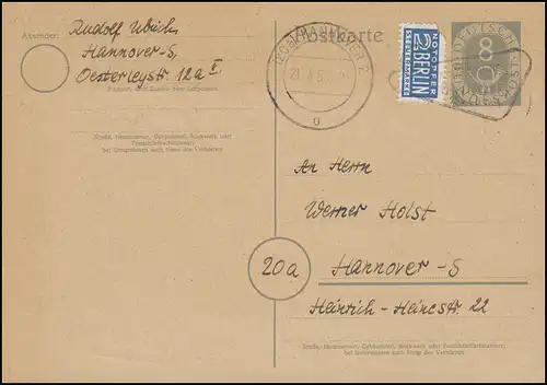 Postkarte P 11/II Posthorn 8 Pf mit Notopfer HANNOVER Industriemesse 21.4.54