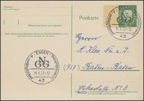 Carte postale P 43I Heuss 10 Pf Impression 15x22 mm SSt ESSEN Journée syndicale 11.9.62